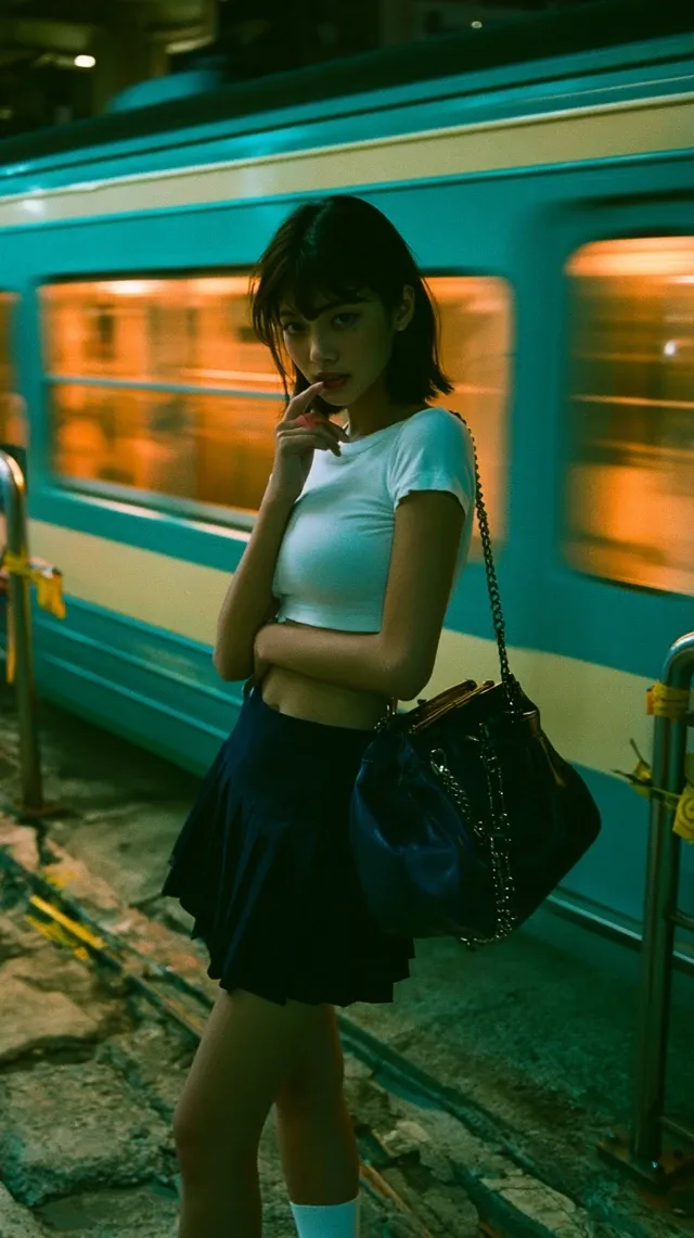 On a train platform at night, a young East Asian woman stands in the foreground, looking at camera. She has a short dark brown ponytail, soft bangs, fair skin, delicate features, a slight smile, one hand lightly touching her lip. She wears a white cropped tight T shirt revealing her waist, dark navy pleated mini skirt, and white ankle socks. A large dark blue leather handbag with a metal chain over her shoulder. Background: a turquoise and beige striped train carriage in motion, warm amber window light with motion blur. Platform has rough cement, metal handrails, and yellow warning tape. Strong film grain, slight vintage fade, artificial nighttime and cool ambient lighting, Japanese urban cinematic feel. Vertical composition, subject slightly right of center, shallow depth of field.