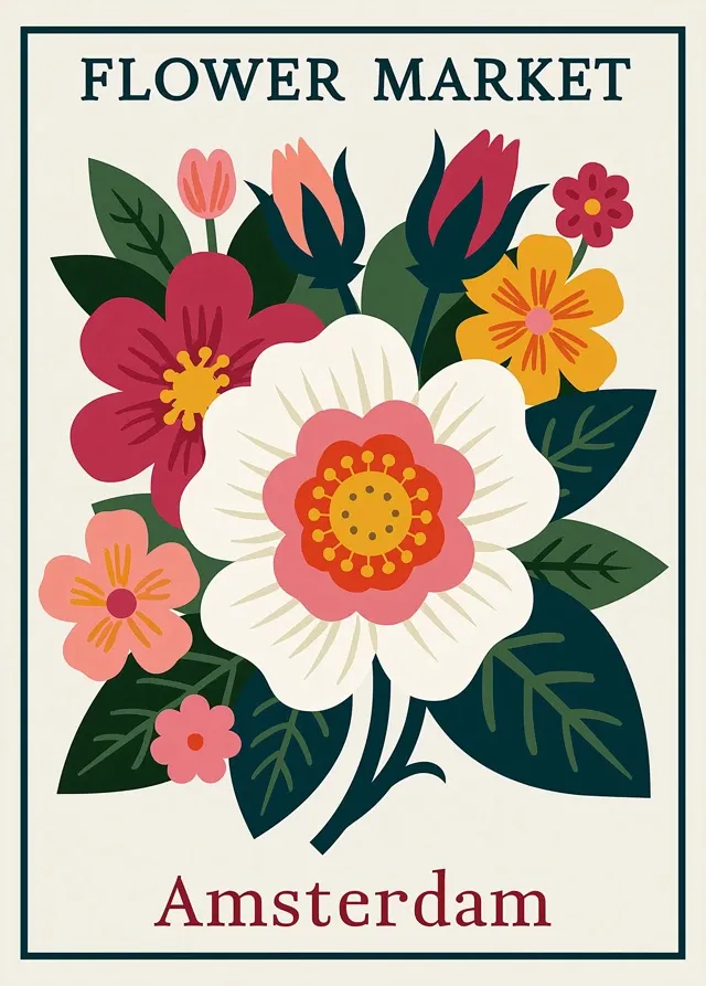 An artwork illustration of English Rose, use a bold, expressive style marked by bright, non-natural colors and simplified shapes. Emphasize emotion and energy through vivid colors. Forms are loose and slightly flattened, giving the scene a decorative, almost dreamlike quality. Create a cheerful, vibrant atmosphere that captures the joy and movement. The top of the art should read "FLOWER MARKET", and the bottom of the art should read "Amsterdam".