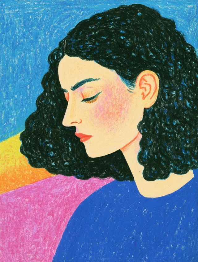 A girl with shoulder-length curly hair. Brown hair. The girl has brown eyes. Nose with a slight bump. Dark and thick eyebrows. Medium-sized lips. The girl has a round face with slightly pronounced cheekbones. The girl is pretty, 30 years old. Her face is positioned in a profile. The eyes are closed.