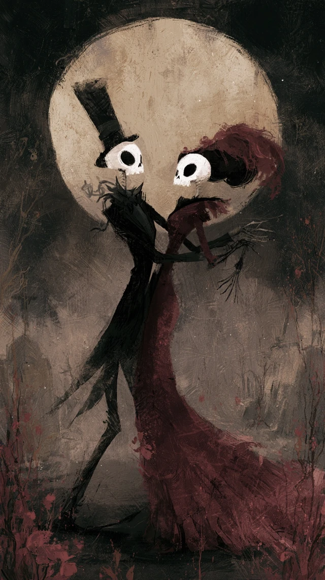 Dance Marcabre Two skeleton in victorian attire (a male and a female) dancing a valzer by the moonlight in a graveyard. Tim Burton style