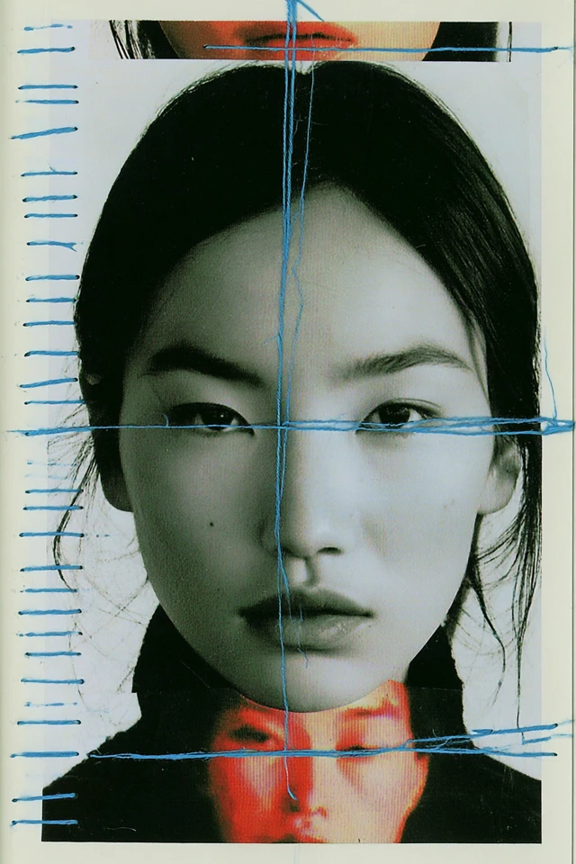 Help me create several portraits of characters, keeping only the part above the neck. The character images are black and white, with expressions of sadness, melancholy, and unhappiness. The faces of the characters are separated by a large distance, with blue lines sewn together like children's simple strokes, creating a contrasting and confrontational effect, highlighting the heaviness and artistic sense of the picture, film quality, artist's work temperament, Duchamp's creative feeling, Dadaism's creative feeling, very strong emotional expression, Picasso's artistic feeling