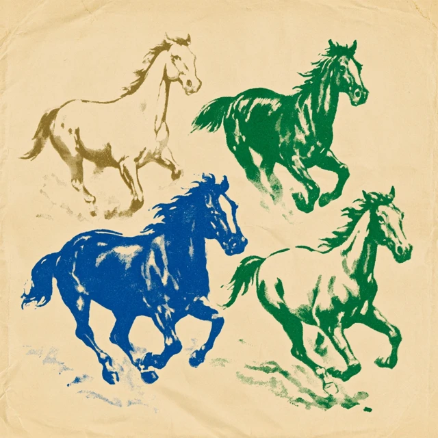 can you create a vintage style design with 3 colors on a white background of horses running. Woodcut illustration style