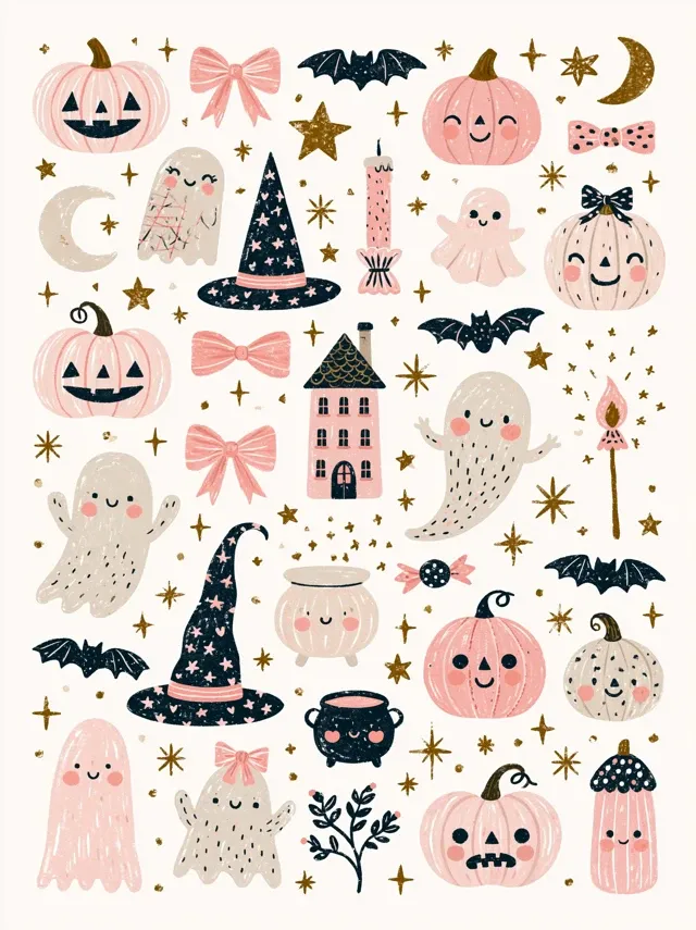 Girly coquette Halloween illustration set, delicate ink sketch style with watercolor accents, jack-o-lanterns and cute ghosts and bows and other Halloween icons, muted pink and beige tones with charcoal black contrast, dreamy feminine spooky atmosphere, luxury Etsy clipart aesthetic