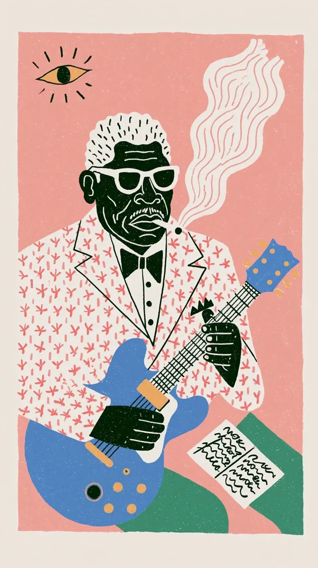 A modern illustration of BB KING SMOKING and taking notes