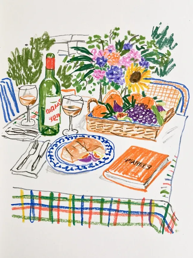 a colored pencil editorial illustration of a picnic in a Mediterranean setup, simplified forms, generous negative space, barely filled color areas