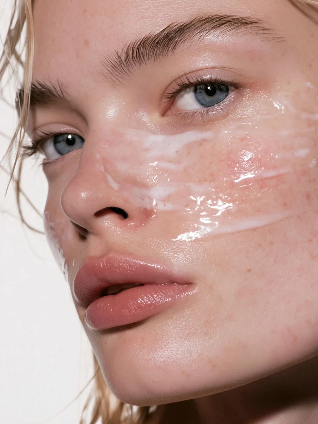 Typology inspired skincare editorial photography. Close up portrait of a 25 year old high fashion model, blonde hair, blue eyes, strong cheekbones, refined lips, intense natural gaze. Fresh youthful skin with visible pores and subtle texture, no wrinkles. Three quarter view, slight low angle, not looking at camera. Minimal French skincare campaign aesthetic: clean, clinical, refined, fashion forward. Bare skin, natural brows, soft hydrated lips, cool white or light neutral background. Skincare texture applied artistically on face - milky cream, glossy serum gel, translucent patch, or soft foam; tactile and intentional. Tight cropped beauty portrait, sculptural framing, realistic non airbrushed skin. Precise studio lighting, strong contrast, clean highlights, defined shadows, cool clinical atmosphere. High end beauty photography, subtle film grain, refined minimal skincare aesthetic.