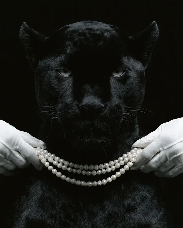 Dramatic high fashion luxury jewelry campaign portrait. Centered, perfectly symmetrical medium close up of a majestic black panther facing camera, intense calm gaze, elegant powerful presence. Glossy deep black fur, realistic texture, sculptural feline features, deep black seamless background, monochromatic atmosphere. Two elegant human hands in pristine white gloves enter symmetrically from left and right, gently holding a delicate multi strand white pearl choker around the panther's neck - perfectly aligned strands of small natural white pearls, soft organic luster, subtle surface variations, couture styling. Striking contrast between white gloves, luminous creamy pearls, and deep black fur. No props, text, logos, or decorative elements. Soft diffused studio lighting, subtle highlights on pearls and fur, cinematic shadows. Shot on 35mm film, subtle analog grain, delicate halation, soft cinematic focus, filmic contrast, tactile analog aesthetic, slightly dreamy but photorealistic, ultra detailed. Vertical symmetrical framing.