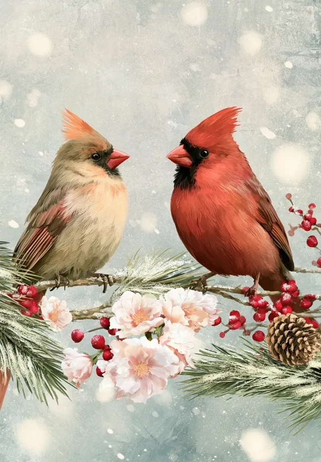 a digital painting of two northern cardinals perched on a snowy pine branch. on the left is a female cardinal with muted brown and tan feathers, a soft orange crest, and a red beak. on the right is a male cardinal with bright red feathers, a prominent red crest, a black face mask, and a red beak. the branch is decorated with light pink and white winter rose blossoms, red berries, a pinecone, and green pine needles covered in light snow dusting. soft, out of focus white snow falls against a muted, light gray and blue textured background. the overall style is soft, illustrative, and festive.