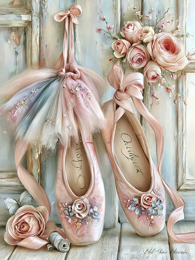 imagine a sharp focus, HD, empty satin ballet slippers on the floor, no text no faces