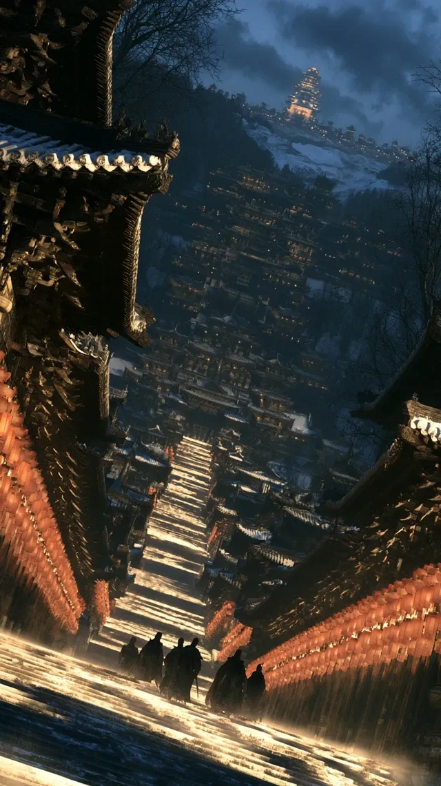 High-angle downward view of a narrow ancient avenue in a Chinese fantasy capital at dusk. Ornate Tang-style buildings with elaborate flying eaves, carved dougong brackets, and painted ridge ornaments line both sides of the grand stairway. Continuous strings of red palace lanterns hang under the eaves, casting warm orange light through the misty air. Several figures in ancient robes walk ahead with backs to the camera, their silhouettes dissolving into the warm glow. The main avenue extends deep into the distance, layer upon layer of magnificent palace roofs and ornate pavilions rising step by step toward the mountain. The luminous fantasy tower on the snowy peak glows faintly in the twilight. Cool blue-gray sky with heavy clouds, wet stone steps reflecting lantern light. Cinematic dark fantasy realism, deep shadows,