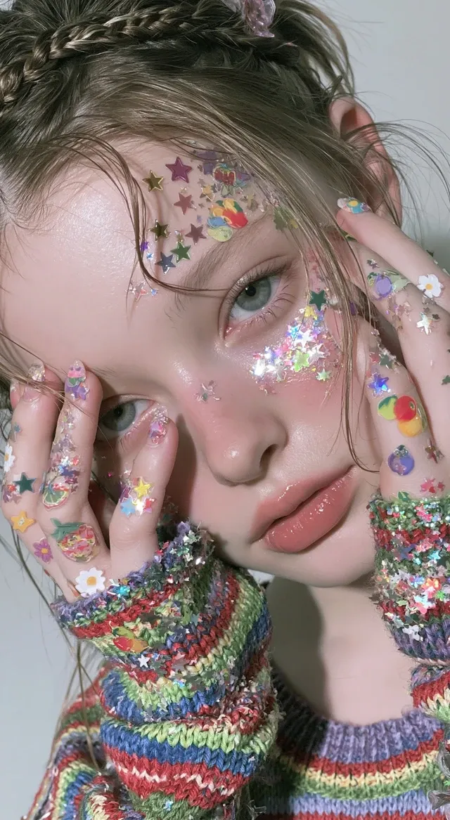 dog with braided or tied-up hair, holding hands near face, face and hands covered with colorful stickers including stars, fruits, flowers, each sticker different design, clear skin, natural makeup, vivid striped knit in green, red, and blue, close-up high-resolution, minimal background