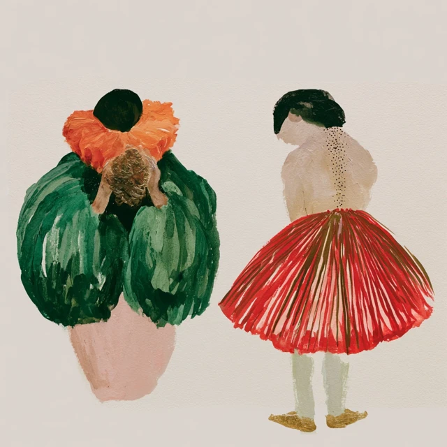 two figures are painted in a loose watercolor style against a plain background. the left figure has a dark head and an orange ruff, enveloped by a voluminous green garment. its hands meet above, holding a textured brown object. a light pink lower body completes its form. the right figure is viewed from the back, showing light skin, dark hair, and a dotted spine. its skirt is a striking red with radiating striped patterns, and light legs with gold shoes are visible at the very bottom.