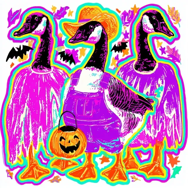 A simple digital drawing style, featuring three geese in Halloween costumes against a white background. The central goose wears a straw hat and overalls, holding a pumpkin bucket, like in image_0.png. It is flanked by two other geese in different ghostly costumes, with glowing outlines in neon pink, turquoise, yellow, and purple, reflecting the vibrant palette from image_1.png and image_2.png. Elements from the provided images, such as bats, stars, and leaves, are present.