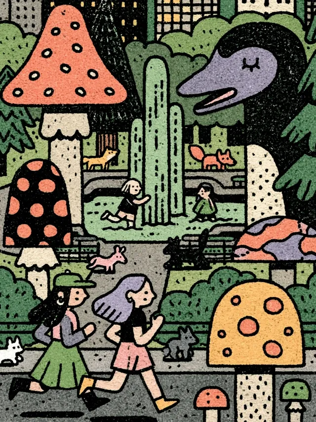 Two woman running on the street near the park. Lots of giant funky looking mushrooms red spotted around them. The park has fountains, kids are playing in the fountain. Many animals scurry around. T