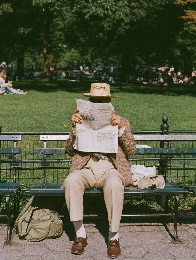 wes anderson type shot of a man in central park reading a newspaper covering his face so you can see the paper