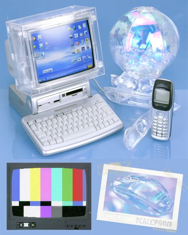 early 2000s cyber nostalgia, icy blue monochrome, transparent plastic world, futuristic analog technology, dreamy digital atmosphere, VHS grain, scanner texture, photocopy artifacts, low resolution internet aesthetic