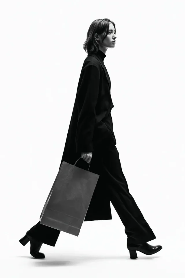 black and white photo of the side profile of a tall young british woman walking, holding a large paper takeaway bag in her hand. The woman is walking against a pure white background. She has mid-length hair. 2020s clothing, professional high income woman. full body photo.
