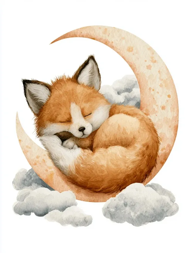 a cute baby fox sleeping on a crescent moon, watercolor style, soft pastel colors, dreamy nursery art, minimalist white background, high quality, highly detailed, children book illustration