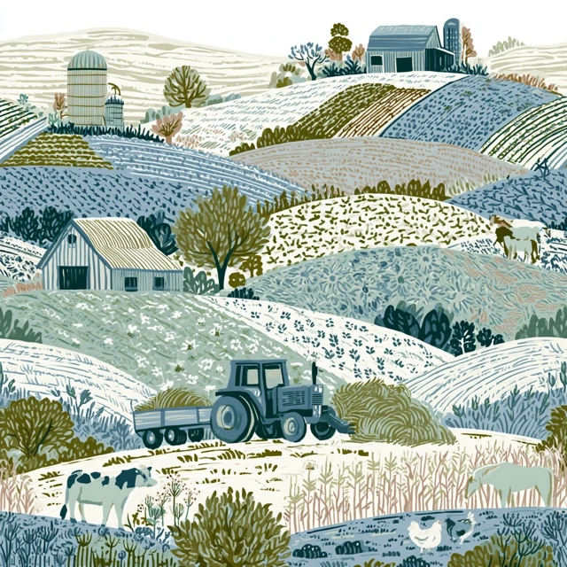 Seamless pattern on a white background, minimalist pastel chalk style, hilly landscape with many vegetable fields, a tractor with a trailer mowing hay, a barn, cows, chickens, and ponies on a farm