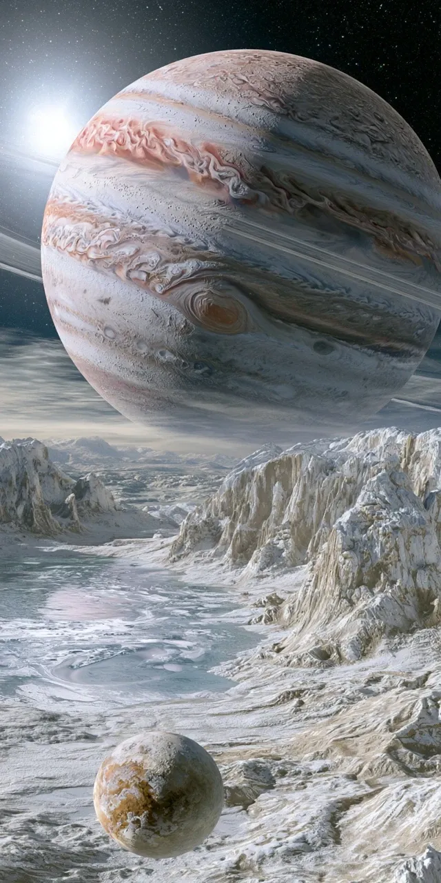 A giant planet with rings, on the surface of which there is an ice lake and snow-capped mountains. In front of it lies another celestial body in the vastness of space. The sun shines brightly behind the huge Jupiter.