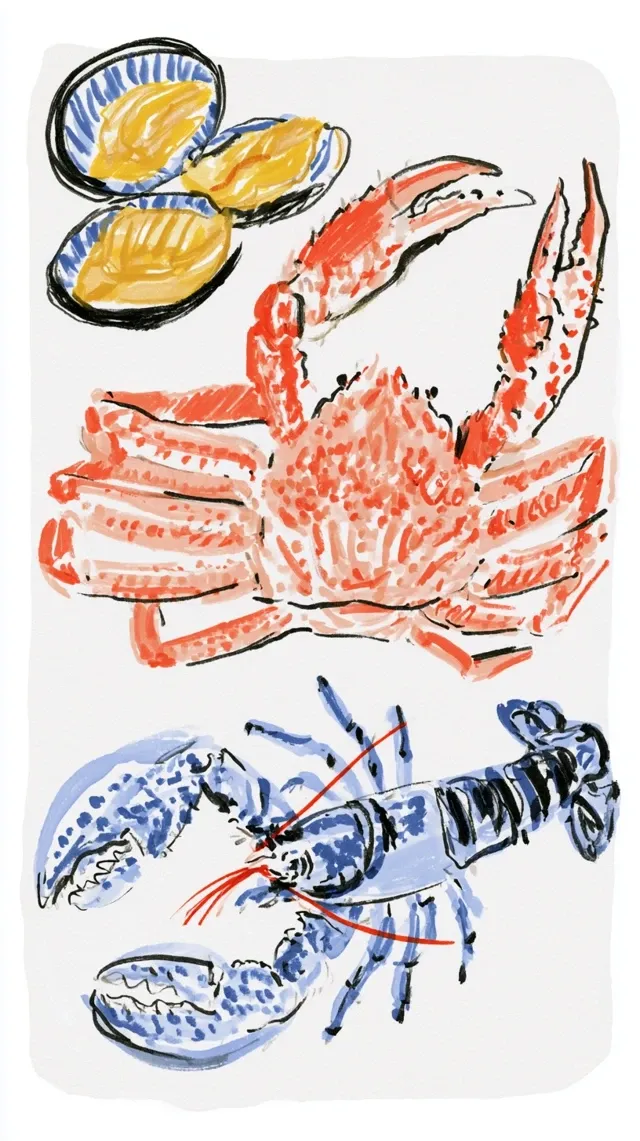 chilean clams, king crab and lobster in the center of design poster is clean withe background, clean colors line art, coloring book style