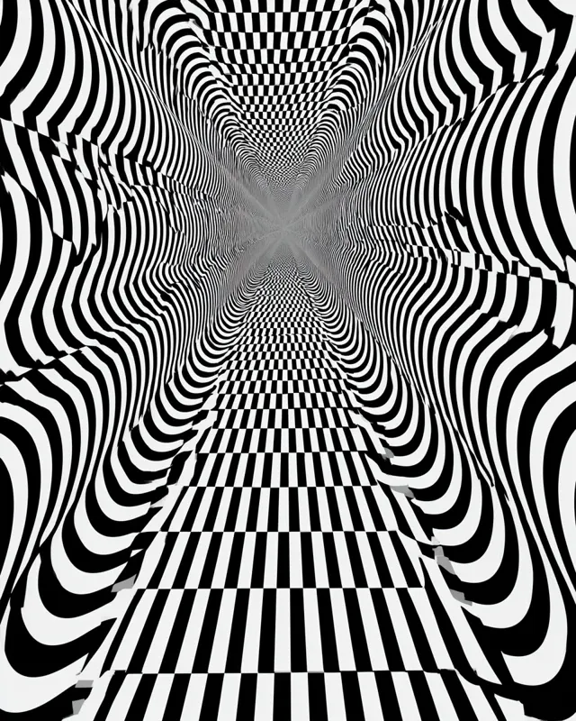 precise optical art composition suggesting an infinite tunnel, Op Art aesthetic, repeating black and white geometric waves, controlled distortion, high contrast, hypnotic spatial illusion, mathematically precise rhythm, clean graphic surface