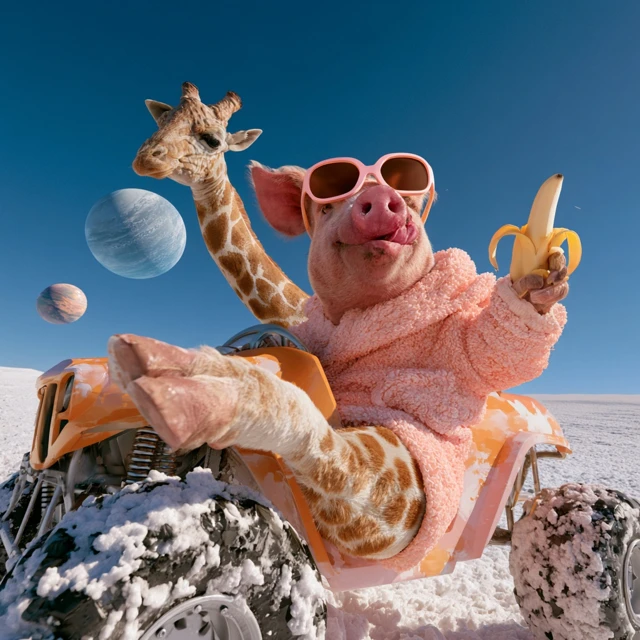 pig head with a giraffe body Wearing sunglasses, riding a monster truck In the snow with planets in background Eating a banana ice cream Make it look real
