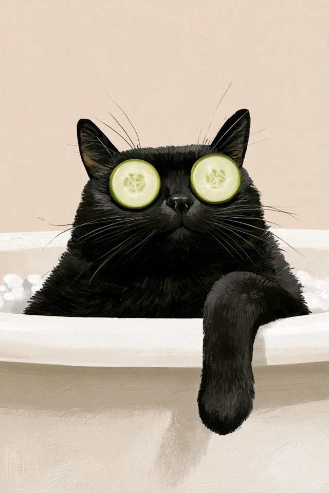 black cat lying in a white bathtub with cucumber slices on the eyes, one long paw draped outside, beige neutral background, soft oil paint texture, minimal funny bathroom decor, cat lover gift