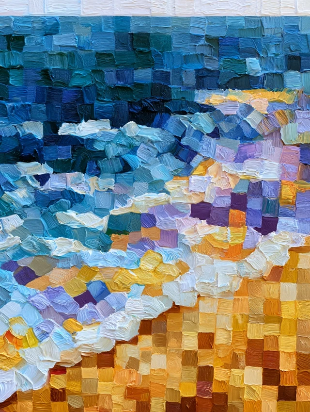 An abstract painting depicting a summer beach. The sea, the sun and the sandy shore. A mosaic artwork composed of large, colourful square tiles. Each tile is large and clearly visible. A three-dimensional texture. A close-up.