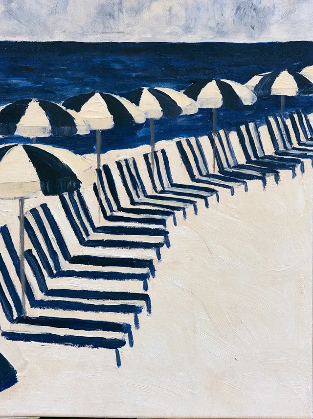 impressionist oil painting of a luxury vintage beach club, navy blue and ivory striped umbrellas and UNIFORM lounge chairs IN A ROW on soft white sand, deep cobalt ocean, dramatic LIGHT summer clouds STILL SUNNY, elegant coastal resort atmosphere, loose expressive brush strokes, thick painterly texture, vintage European seaside aesthetic, timeless luxury travel feeling, minimal composition, sophisticated coastal art, no text