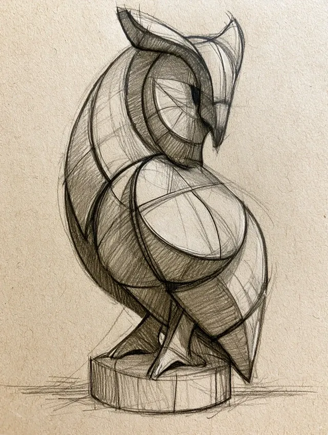 graphite pencil sketch of a stylized Owl on textured beige paper. the bird is constructed from geometric, segmented plates. the figure is composed of distinct, segmented curved shapes that fit together, giving it a sculptural, futuristic look