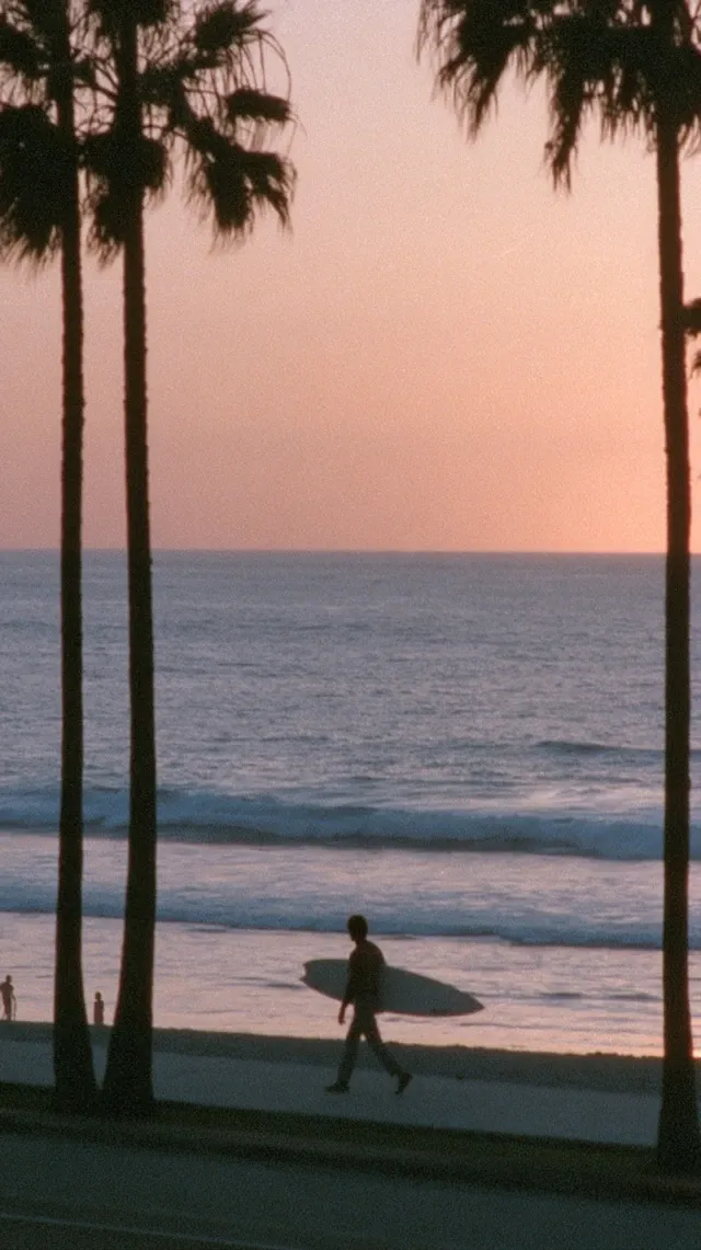 Silhouette of a surfer walking toward the ocean with board under arm, palm trees framing the shot, retro California sunset, film grain, VHS color grading, calm nostalgic atmosphere