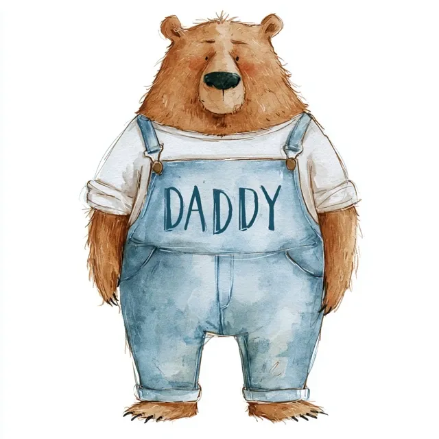 create one image of a daddy bear wearing dungarees saying daddy