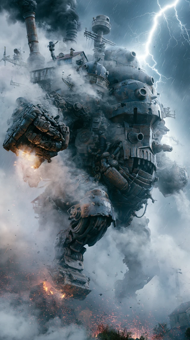 "howl's moving castle, dark fantasy realism, intricate clockwork and steampunk elements, dynamic pose with steam venting, dramatic lightning and storm, cinematic, 8k, highly detailed, photorealistic render