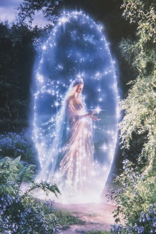 sorceress woman in enchanted garden looking into a mirror and sees herself made of light