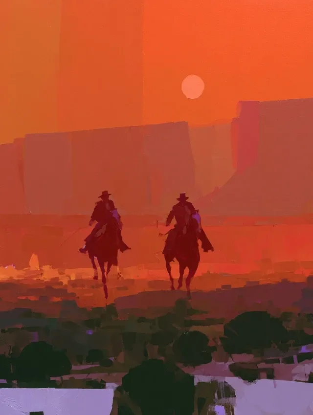 painting of two cowboys racing each other on galloping horses through a western valley with desert shrubs and canyons in the background at the moment the sun is most intense during sunrise , the moon can faintly be seen in the background