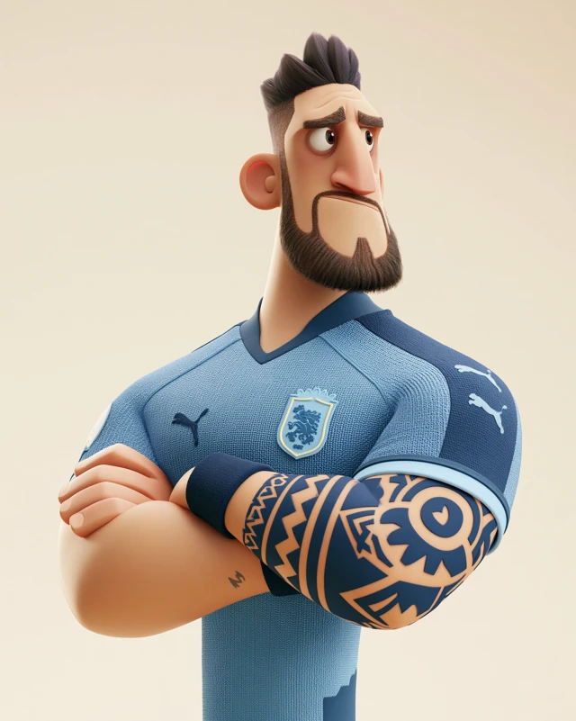 Futbolista con uniforme azul mirando de perfil de forma desafiante, pero divertida, estilo 3D con retoques digitales sobre fondo #faf7f3