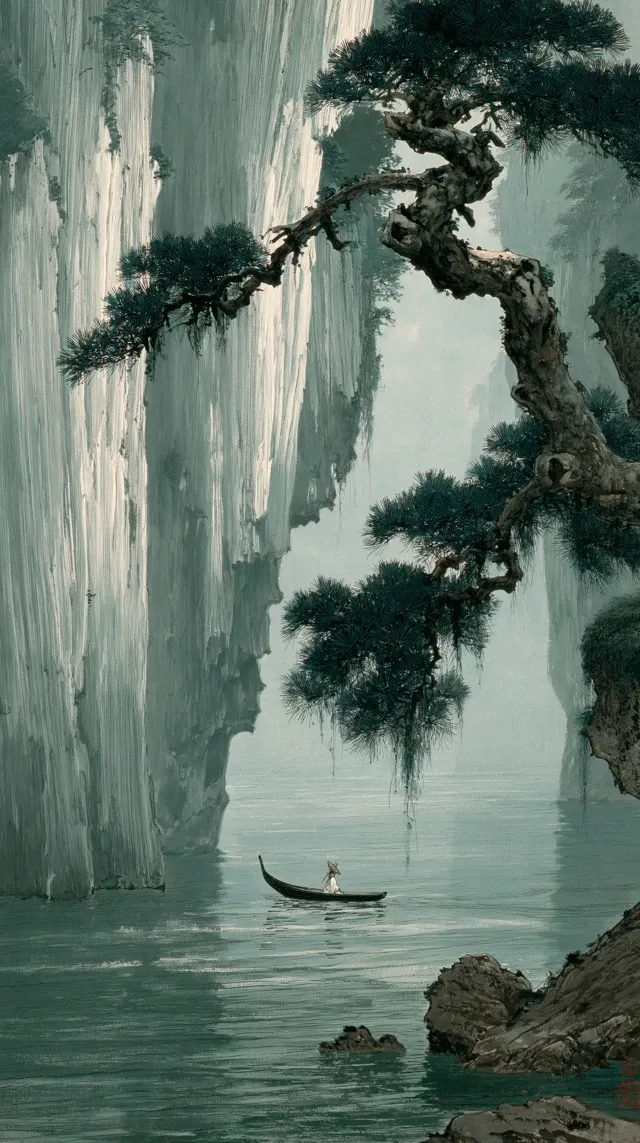 A quiet canyon with steep gray - white cliffs presented through vertical - line textures, the lines boasting a delicate texture. An ancient, twisted pine tree extends from the right frame, its pine needles thick and dark. The calm gray - green lake surface is like a mirror but has ripples. In the center of the scene, a small black narrow boat is floating, on which there is a tiny hermit in a white robe wearing a bamboo hat. With a low - saturation color scheme, it creates a peaceful, Zen - like, solitary and ethereal atmosphere, 3154438697