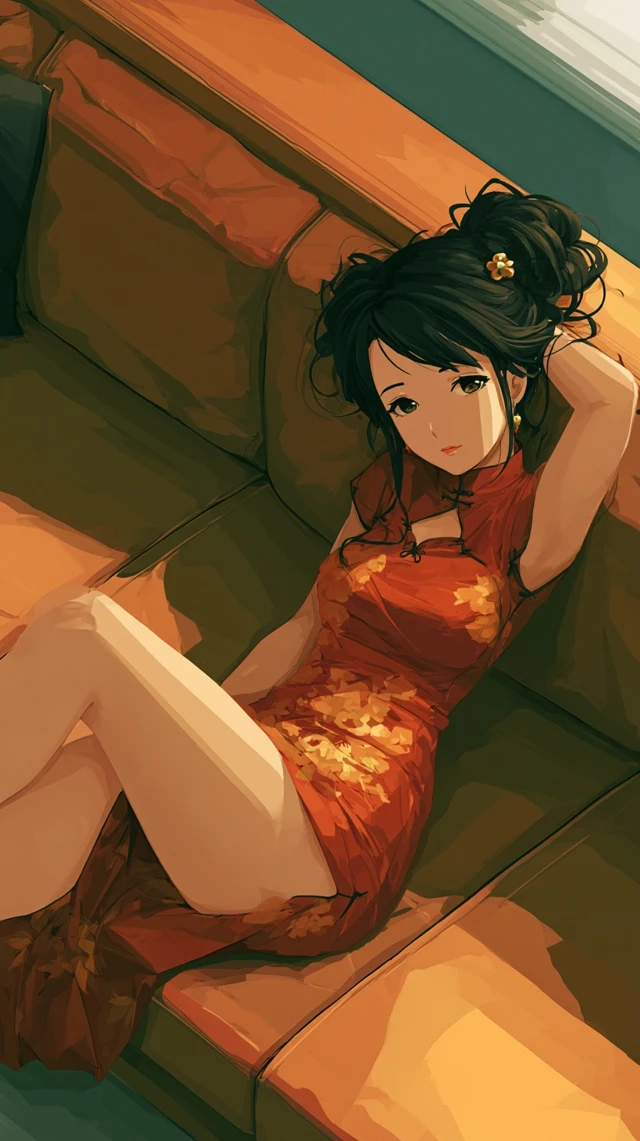 A Chinese girl. She is lying on the sofa. An illustration in the style of Japanese anime.