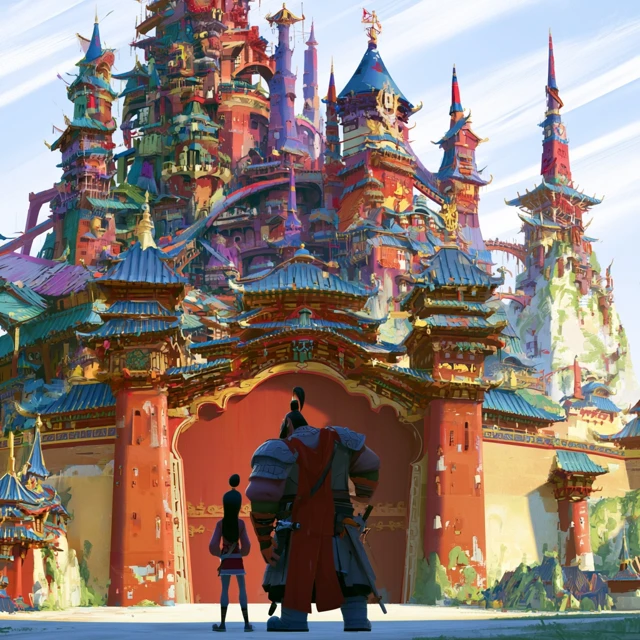 a weary chinese knight father and his teenage daughter standing small in the foreground with their backs to us, looking out at a weird shabby fantasy chinese kingdom for the first time, "what have we gotten ourselves into?" feeling, the chinese kingdom is colorful but dilapidated, ramshackle, crooked, overbuilt, and eccentric, a patchwork castle made of mismatched towers, awkward additions, huge gate, leaning turrets, broken ornament, repaired walls, strange royal decorations, whimsical but shabby, lively and odd rather than grand, funny and slightly chaotic, storybook fantasy mood, cinematic wide shot, before underworld city, detailed environment, fish-out-of-water tone. Pixar concept art feel