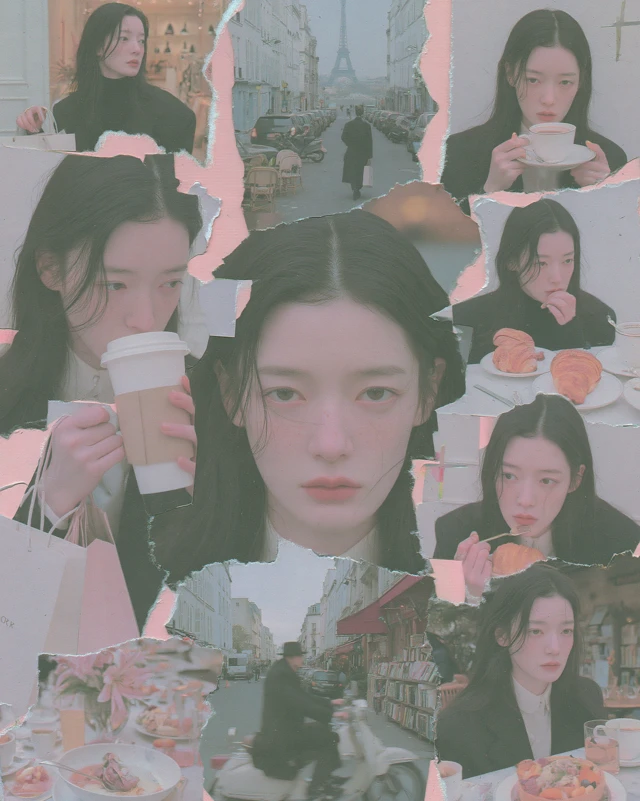 Vintage magazine cutout collage, handmade travel vision board. The same Korean woman in her mid-20s appears in every photograph throughout the collage. Long dark brown hair, soft natural makeup, elegant Parisian fashion style, consistent face and identity across all images. She is shown shopping at luxury boutiques, drinking coffee at Paris cafés, eating croissants, carrying shopping bags, walking near the Eiffel Tower, riding through Paris streets, browsing bookstores, enjoying brunch. All photographs are cut out and assembled into a handmade magazine collage with torn paper edges and overlapping layers. Consistent character throughout the entire board, editorial fashion photography, Pinterest aesthetic, realistic paper textures, luxury travel mood board.