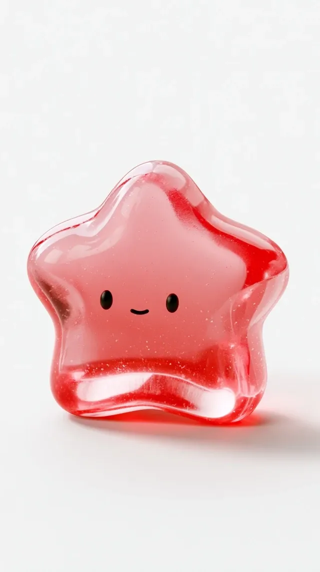 Ultra-cute transparent jelly star character, soft translucent gummy material, glossy glass-like surface, chubby rounded proportions, tiny black dot eyes, small smiling mouth, pastel color red, soft subsurface scattering, smooth silicone texture, kawaii collectible toy, premium GoodNotes sticker design, centered composition, isolated on pure white background, subtle soft shadow, ultra-clean edges, highly detailed, 3D render, octane render, adorable, minimal, consistent series style