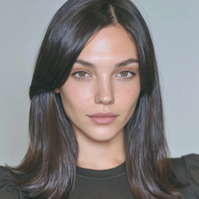 ultra realistic luxury fashion model, female 24, Mediterranean beauty, olive tan skin, long dark glossy hair, almond-shaped hazel eyes, naturally full lips, refined facial symmetry, slim elegant silhouette, fitted black top, waist-up portrait, luxury beauty campaign, realistic skin texture, visible pores, professional Canon EOS R5 photography, 85mm lens, soft daylight, cinematic realism, photorealistic human face, premium fashion editorial, ultra detailed
