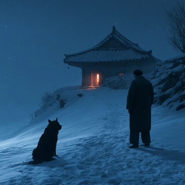 snowy Korean mountain night, a small warm-lit house, a large black guardian dog sitting in the snow, a lonely middle-aged man seen from behind on a snowy path, healing and emotional atmosphere, cinematic lighting, emotional mood, soft snowfall, elegant composition, highly detailed, premium literary book cover, vertical 2:3 ratio, clear space for title typography, no text, no watermark