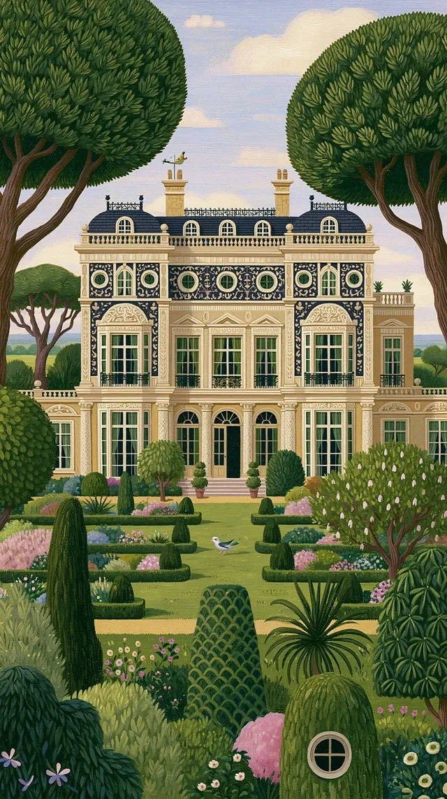A detailed illustration of a grand luxurious mansion surrounded by elegant landscaped gardens, softly illuminated by warm sunlight, drawn in a soft textured painterly style inspired by whimsical countryside art, intricate architectural details with large windows and ornate columns, bright open sky background with gentle light and a calm peaceful atmosphere, warm golden and pastel color palette