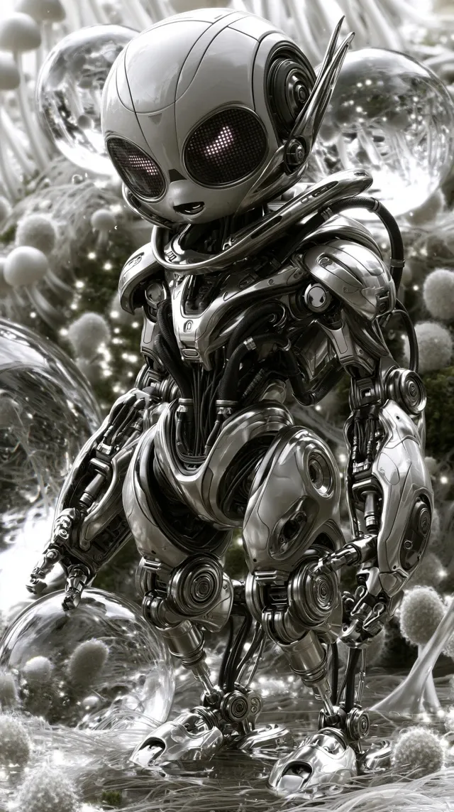 a tiny robot living in a microscopic world, designed as the lead character of an animated feature film, adorable and highly memorable, human-like proportions but miniature scale, ultra-detailed mechanical body,精密 metallic joints, tiny pistons, cables and servo mechanisms, expressive LED screen face showing cute emotions, standing inside a surreal micro world made of giant dewdrops, pollen grains, moss, mushroom spores, plant fibers and glowing microorganisms, surrounded by oversized water droplets and translucent textures, whimsical and magical atmosphere, rich sense of scale, cinematic storytelling composition, disney and pixar inspired high-end CG style, soft rounded shapes, warm and charming personality, ultra detailed, movie-level rendering, dramatic lighting, soft global illumination, sharp focus, masterpiece