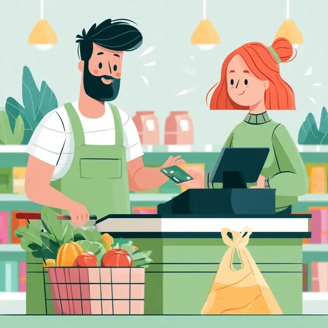 a cartoon image of a man and a woman at the checkout stand of a grocery store paying for their groceries with a credit card