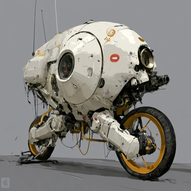inspired by Syd Mead, Studio Ghibli vehicle design, Apple industrial design, simple geometric volumes, mechanical minimalism, large uninterrupted surfaces, clear articulation points, every component has a purpose, silhouette-first design, readable at thumbnail size