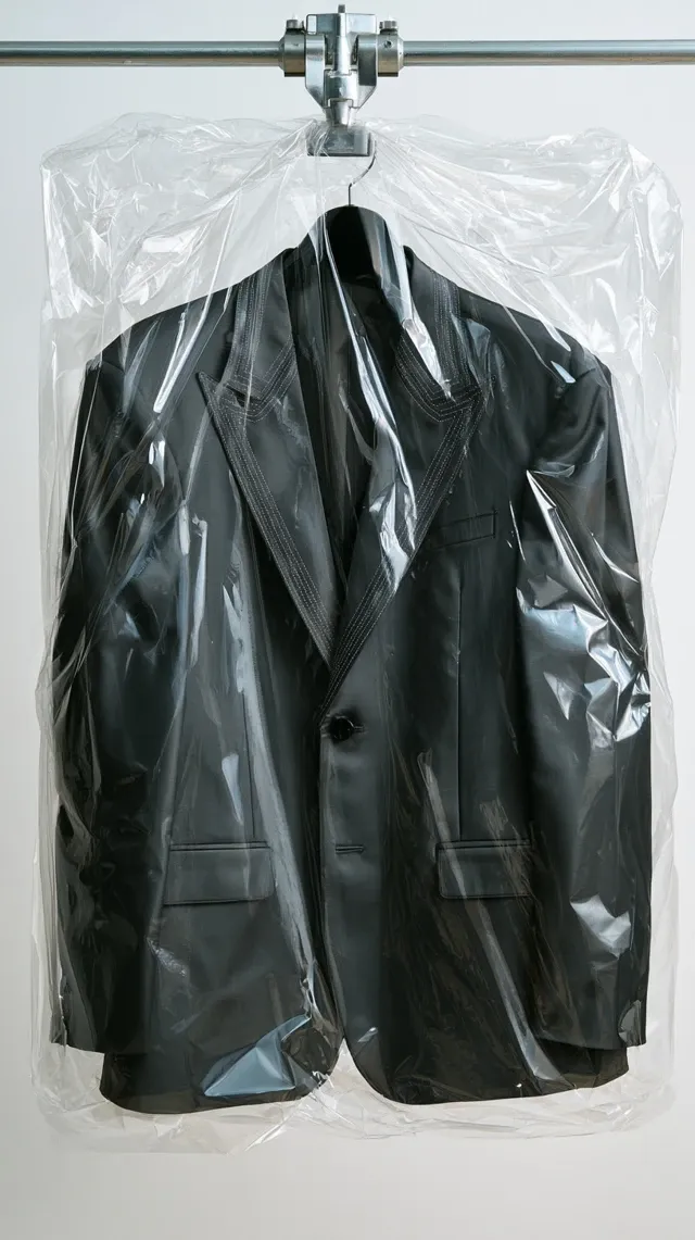 A black fabric blazer is displayed front-facing on a black hanger inside a large transparent plastic garment cover, suspended from an industrial silver metal clamp and rod against a clean white studio background. The blazer has a slightly oversized, structured silhouette with broad shoulders, long sleeves, wide notched lapels featuring visible decorative stitching, a single black front button, a small welt pocket on the chest, and two rectangular flap pockets near the waist. The blazer is made from smooth woven suiting fabric with a subtle matte finish, natural creases, and soft reflections, while the wrinkled transparent plastic cover creates shiny highlights and layered reflections across the jacket.