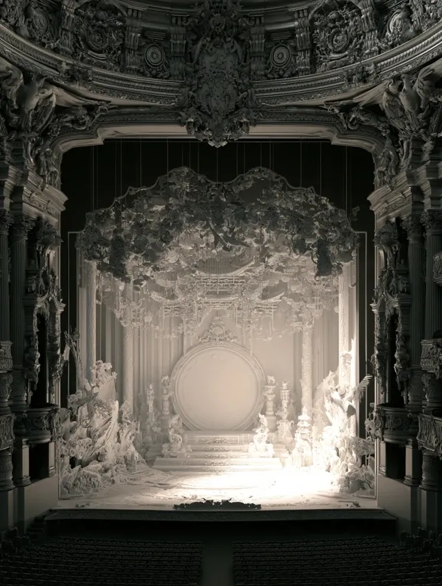 the grand opera theatre set with a Chinese style stage, in the style of kazuki takamatsu, animated gifs, bess hamiti, detailed compositions, pigeoncore, The stageis decorated with Chinese-style carvings hanging above the stage.